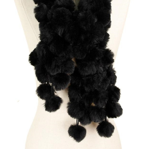 New Faux Fur Pom Pom Detail Crossover Scarf - Picture 2 of 2